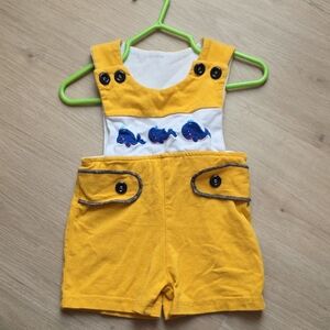 Whale Appliqué Kids Mustard Shortalls Size 3-6M